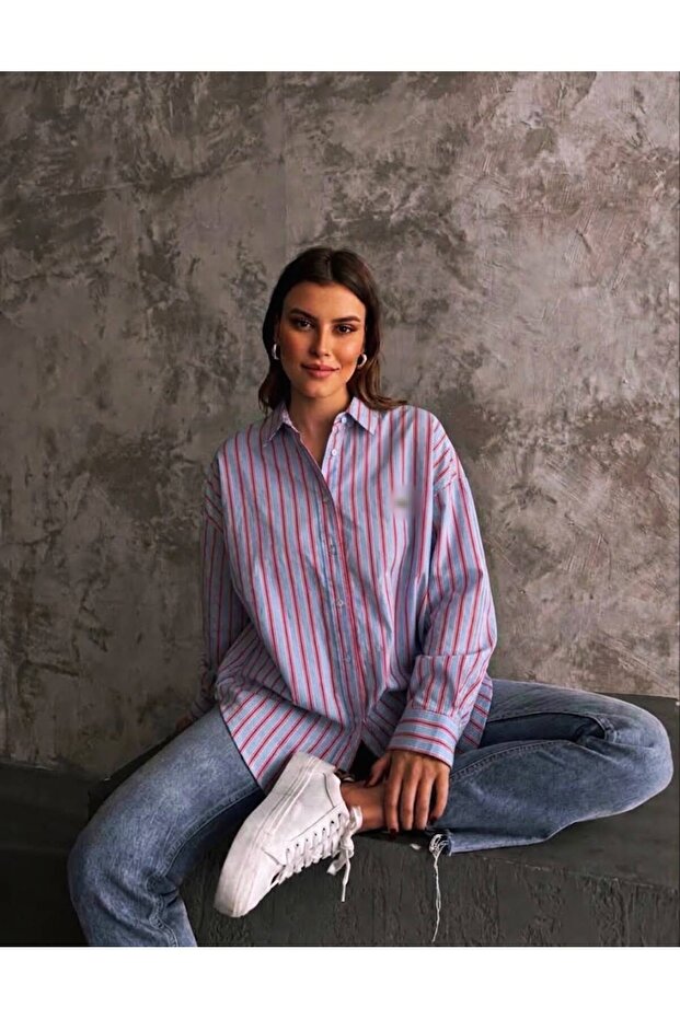 Lcs Blue Red Striped Modal Embroidered Oversize Shirt