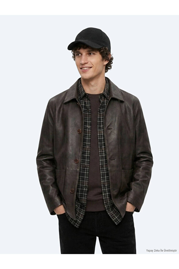 Brown Regular Fit Shirt Collar Casual Leather Leather Coat