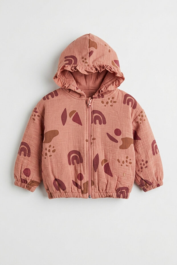 Baby Girl Ruffle Hooded Patterned Zippered Cardigan