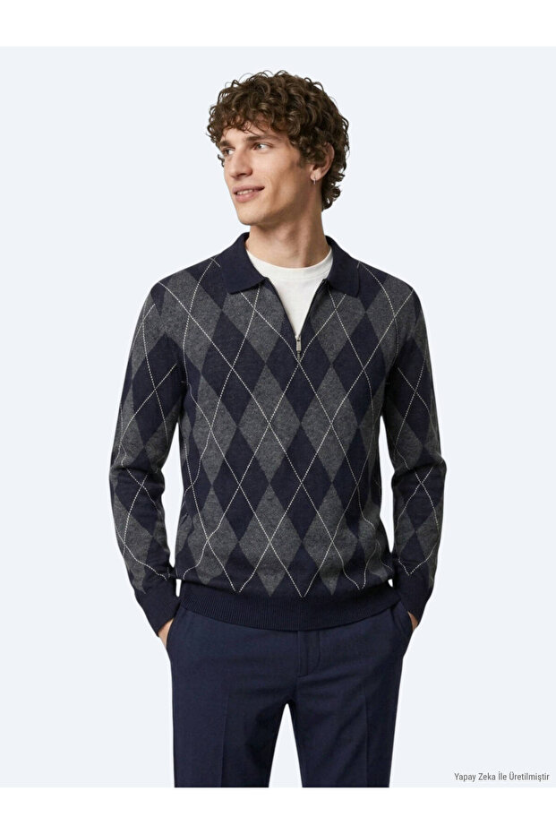 Navy Blue Polo Collar Baklava Cotton Blend Knit Sweater