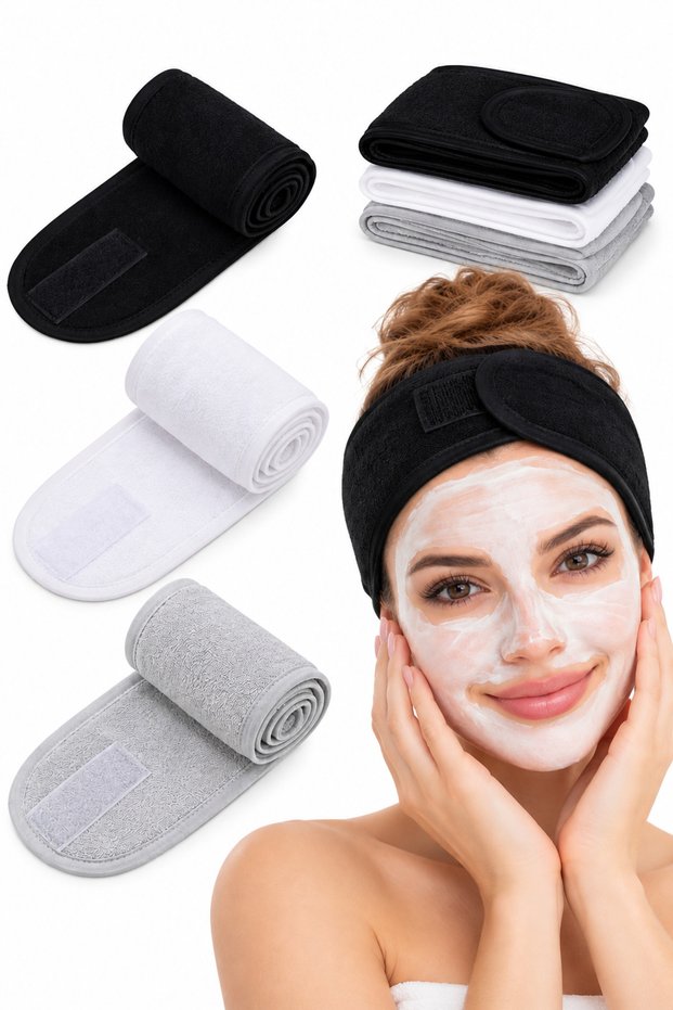 3-Piece Makeup Hair Band Towel Fabric Sports Hair Band -Black-Grey-White