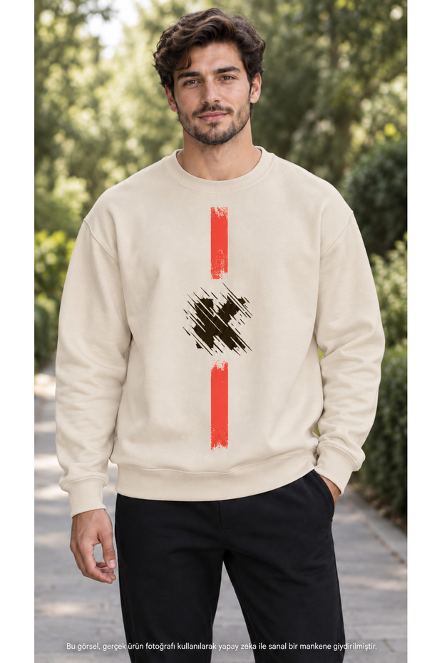 Men's Red Vertical Line and X Symbol Printed Crew Neck Casual Regular Fit Sweatshirt