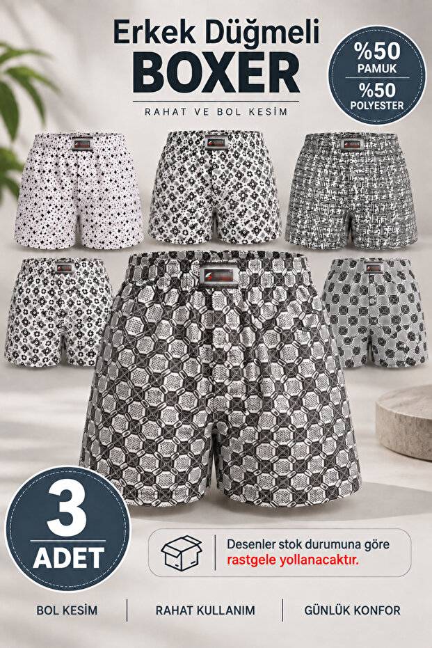 Men's Buttoned Boxer 50% Cotton 50% Polyester (Seher Authorized Seller) Patterned Boxer - 3 Pieces