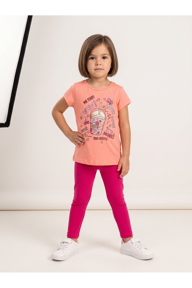 Children's Set Character Printed Crew Neck Short Sleeve T-Shirt Leggings 2-Piece Set 2-6 Years Cotton Milkshake