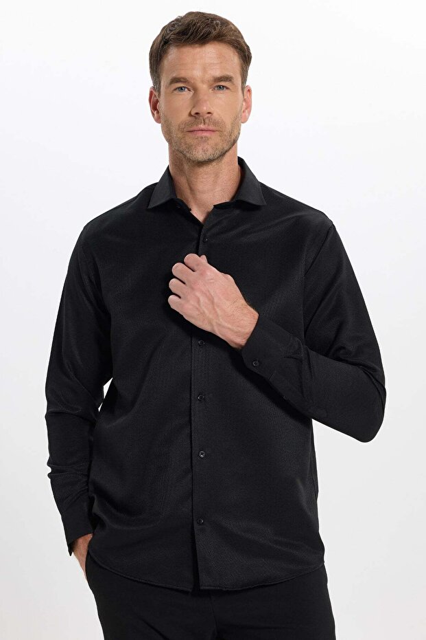 Men's Regular Fit Comfortable Cut Long Sleeve Cotton Easy-Iron Dobby Black Shirt