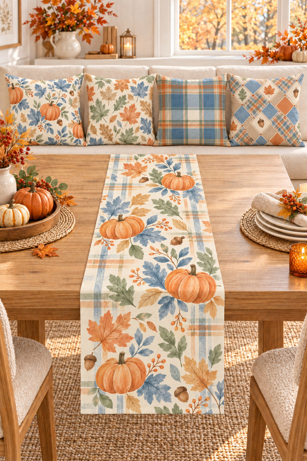 Blue Orange Plaid Pumpkin Patterned 4 Throw Pillow Covers 1 Runner 5 Piece Set