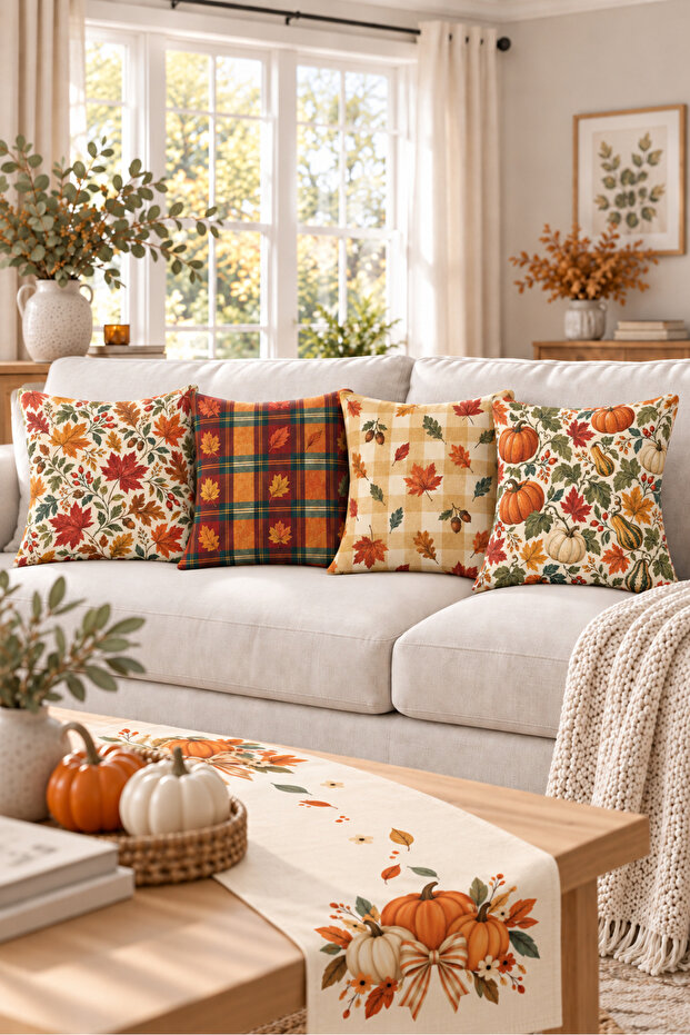 Orange Green Plaid Pumpkin Leaf Pattern 4 Throw Pillow Covers 1 Runner 5 Piece Set