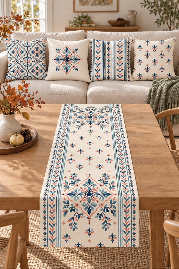 Blue Orange Ethnic Floral Patterned 4 Throw Pillow Covers 1 Runner 5 Piece Set