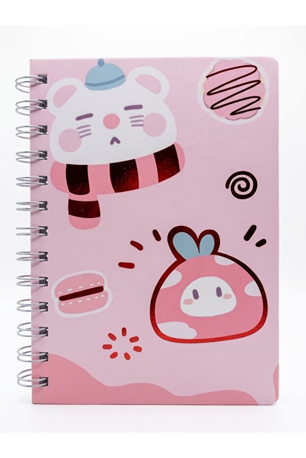 Pink Teddy Bear and Strawberry Pattern Spiral Lined Notebook - Lined Leafed Notepad