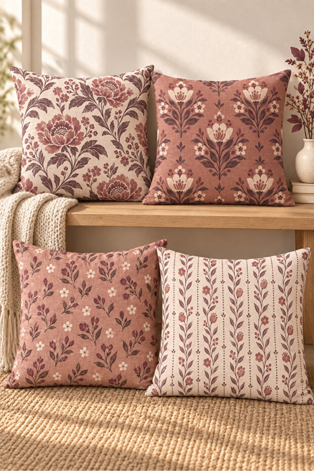 Powder Burgundy Botanical Patterned 4 Throw Pillow Covers 1 Runner 5 Piece Set