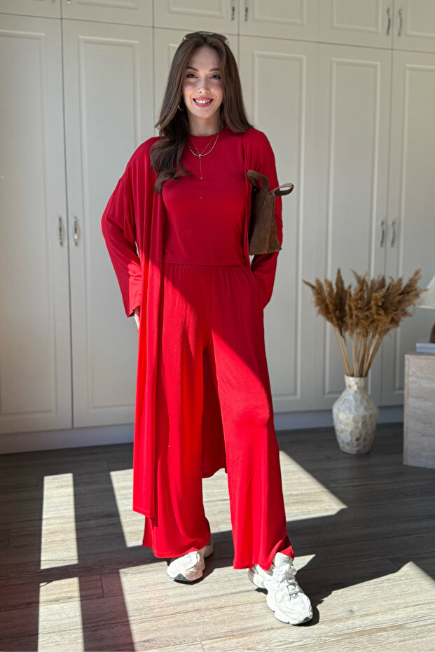 Modal Fabric 3-Piece Long Red Cardigan Pants Blouse Set