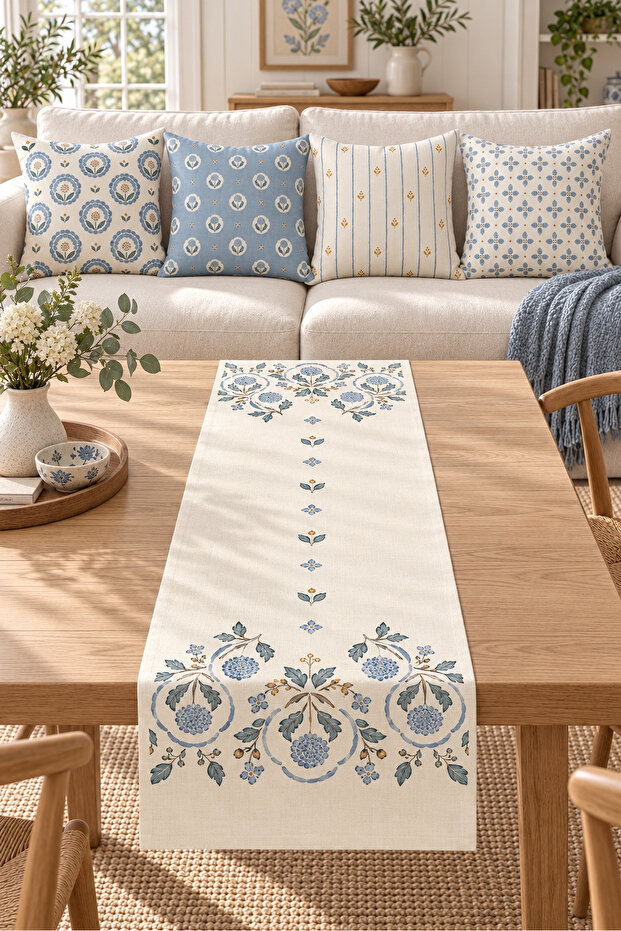 Blue Gray Ethnic Floral Patterned 4 Throw Pillow Covers 1 Runner 5 Piece Set