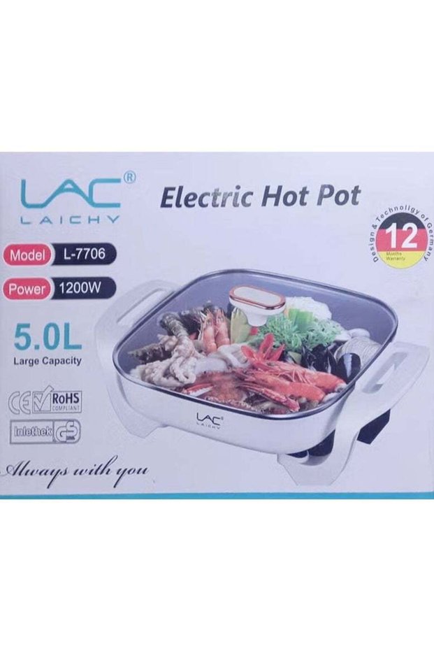 LAICHY LACHY L-7706 Electric Hot Pot 5.0L 1200W Large Capacity Non-Stick Cooking Pan with Fast Heating, Portable Handles and Multi-Purpose Design for Hotpot, Soup, Noodles, Steaming, Seafood, Vege