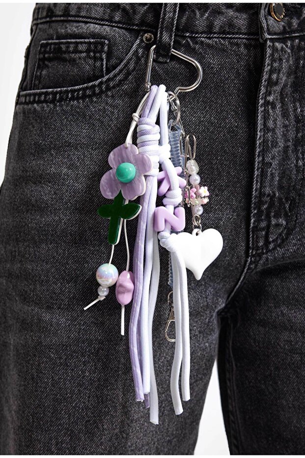 Multi-Color Heart, Star and Flower Detailed Multi-Object Design Charm Keychain