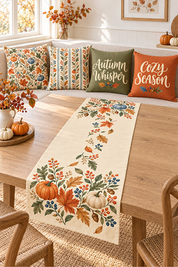 Orange Green Autumn Whisper Written 4 Pillow Covers 1 Runner 5 Piece Set