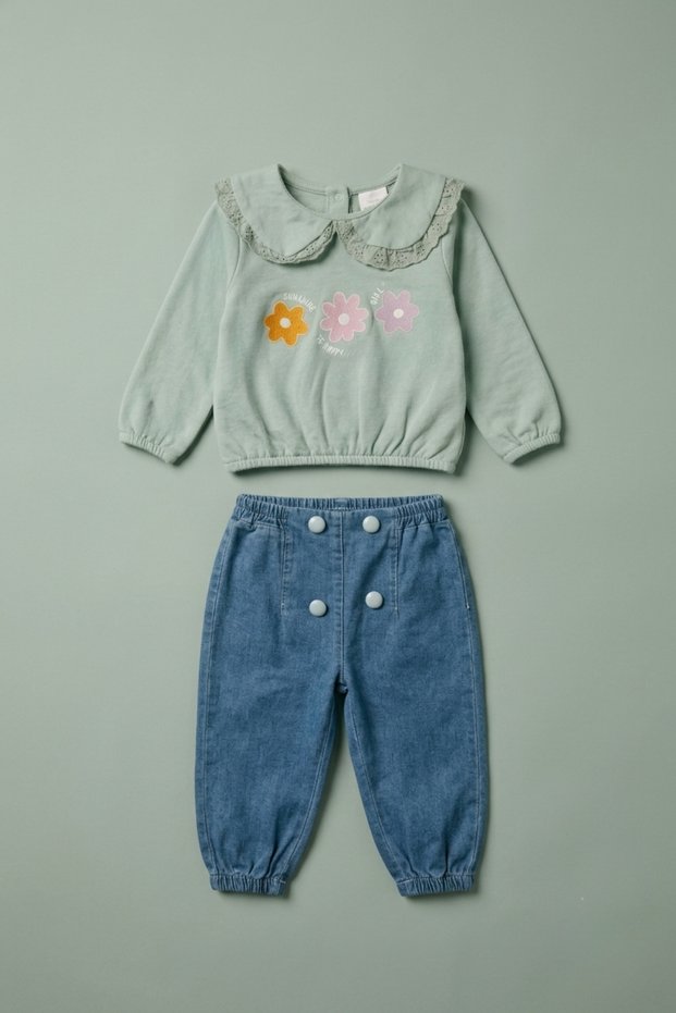Baby Girl Floral Printed Scallop Collar Sweatshirt and Button Detailed Jogger Jean Pants Set