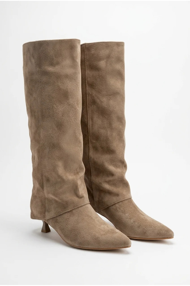 Women's Knee-Length Goblet Heeled Pointed Toe Covered Long Boots - Alessa - Mink Suede