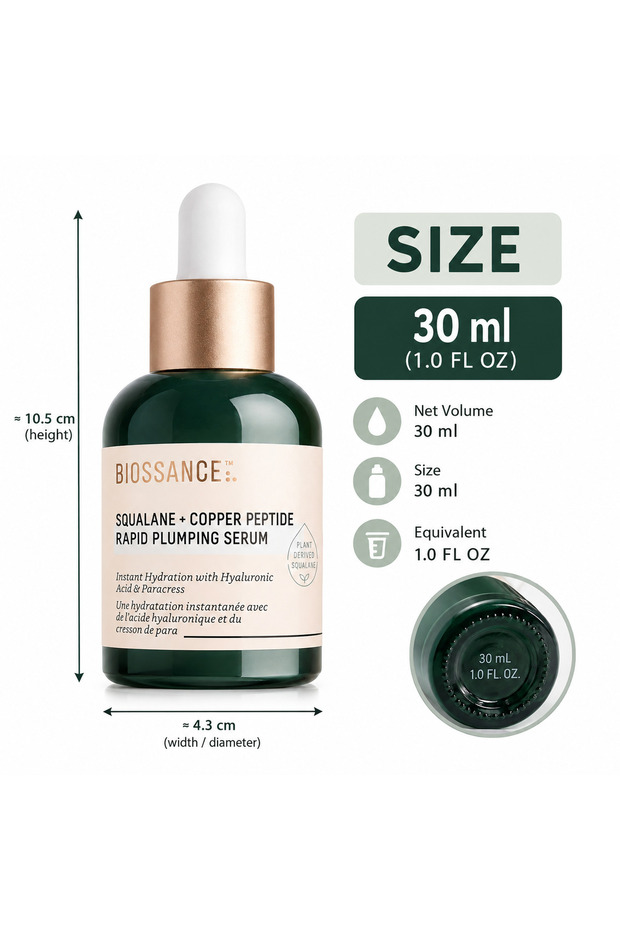 Squalane + Copper Peptide Rapid Plumping Serum. Powerfully Hydrating Face Serum that Instantly Plumps and Firms with Collagen Boosting Copper Peptides, 1.69 fl oz