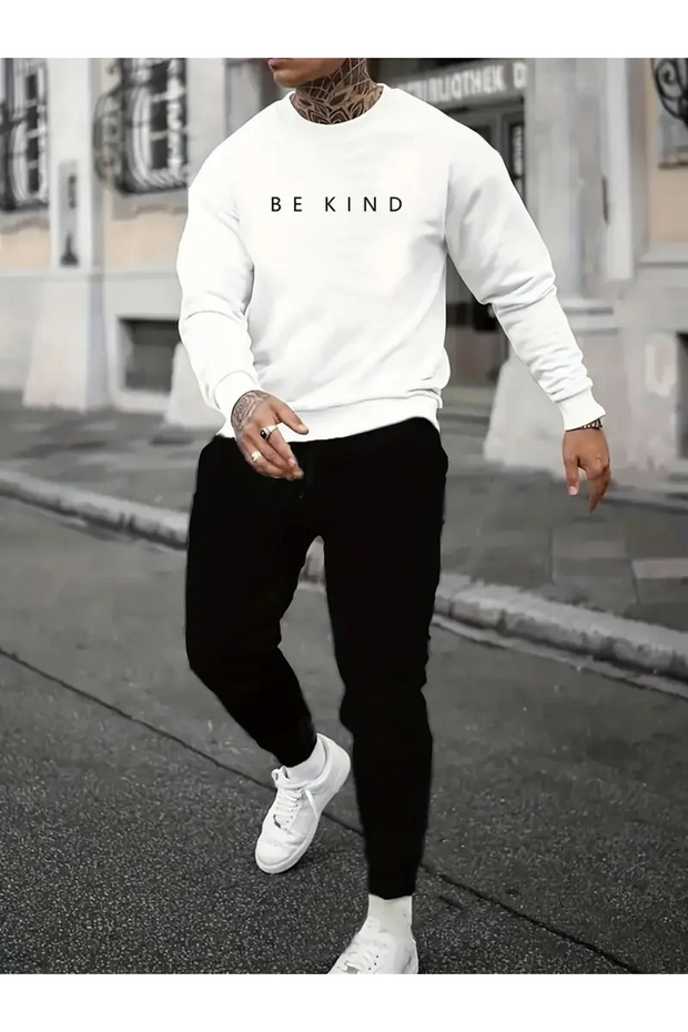 Unisex Minimal Printed Crew Neck Top Jogger Pants Tracksuit Set