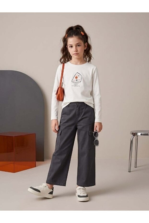 Girl's Ecru Floral Embroidered Long Sleeve T-Shirt