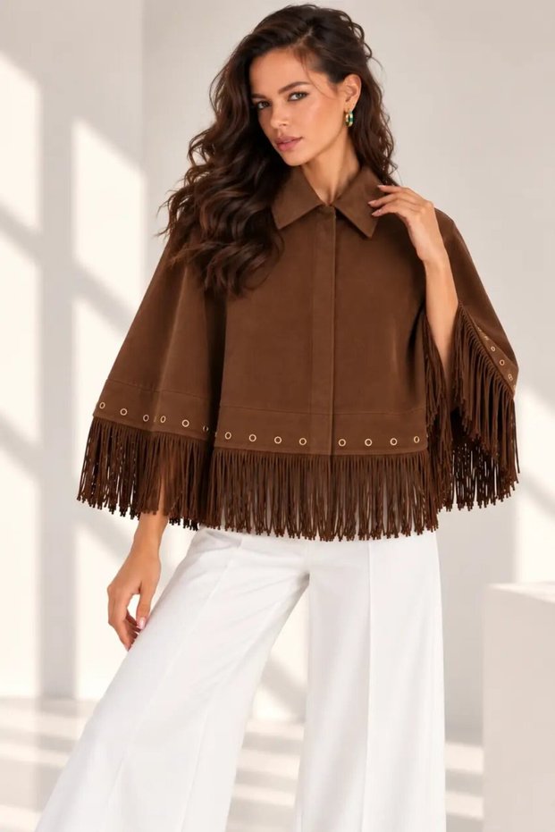 Women's Brown Suede Look Tasseled Cape with Bird's Eye Detail Poncho