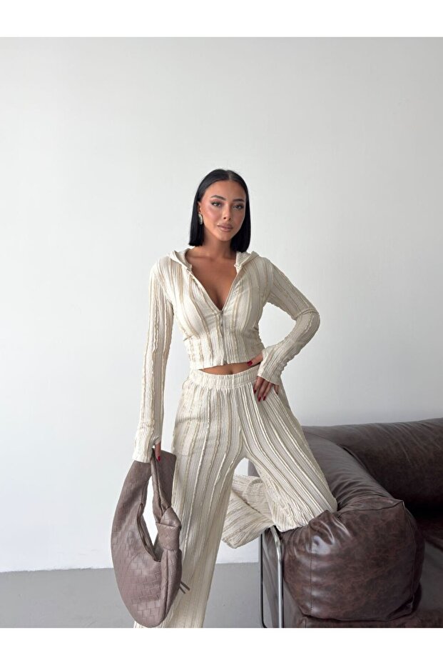 Hooded Zippered Seersucker Double Set