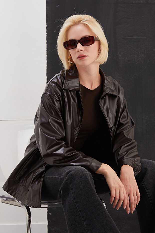 Buttoned Double Pocket Faux Leather Jacket