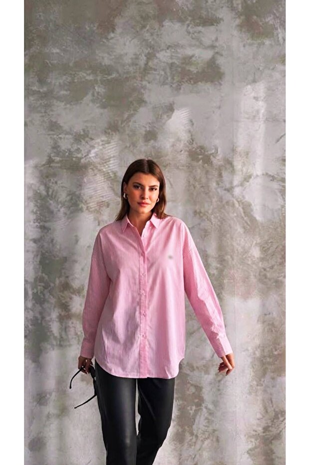 Lcs Pink Striped Embroidered Oversize Cotton Shirt
