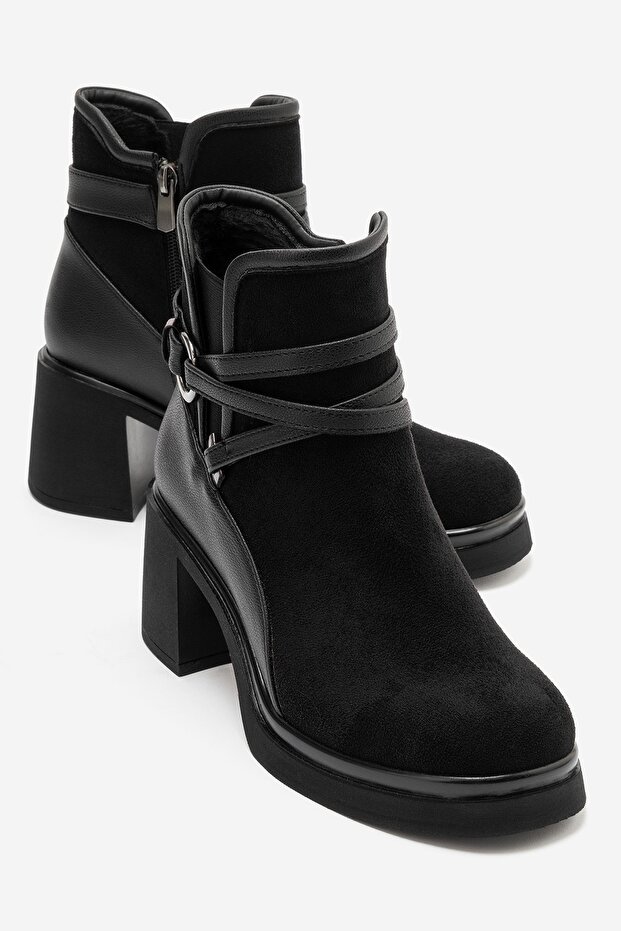 Venice Black Suede Belted Thick Heeled Women's Boots