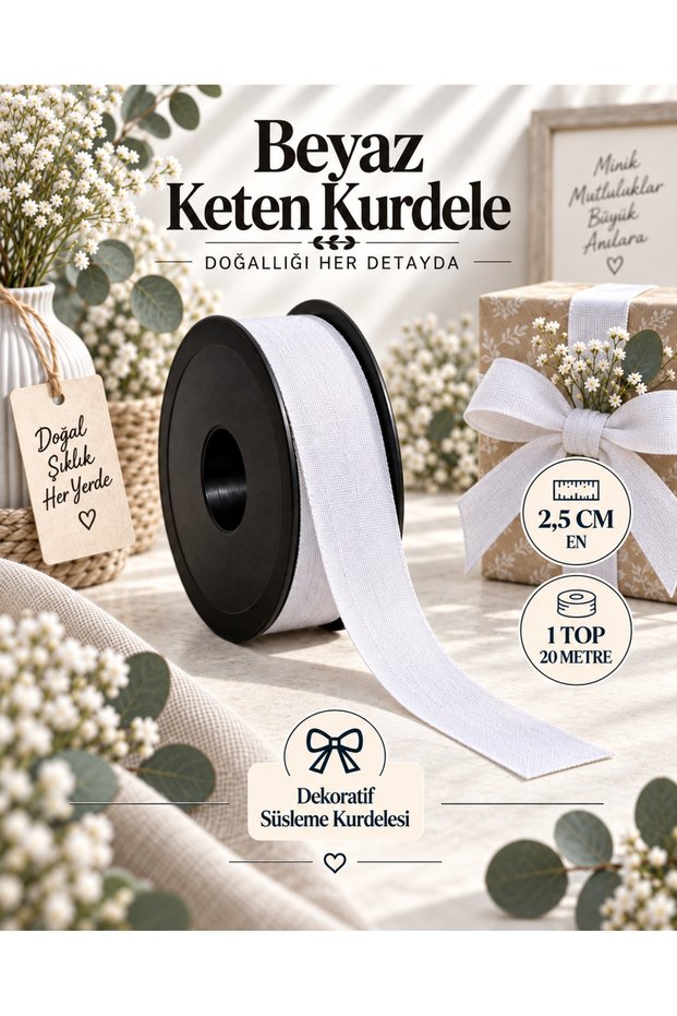 White Linen Ribbon 2.5 cm – 1 Roll 20 Meters – Decorative Bow, Gift Wrapping, Decoration and Textile Accessory Ribbon