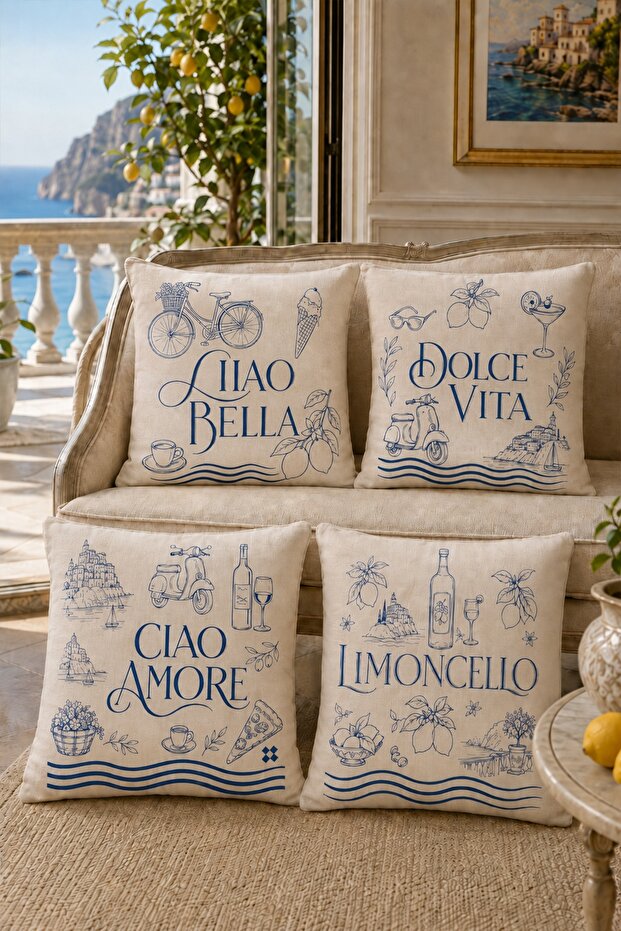 Blue Sea Iconic Illustrations Patterned 4-Piece Throw Pillow Cover Set
