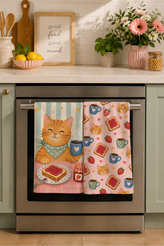 Marmalade Morning Cat Jam Toast and Coffee Patterned Orange Cute 2-Piece Kitchen Towel Set 35X55