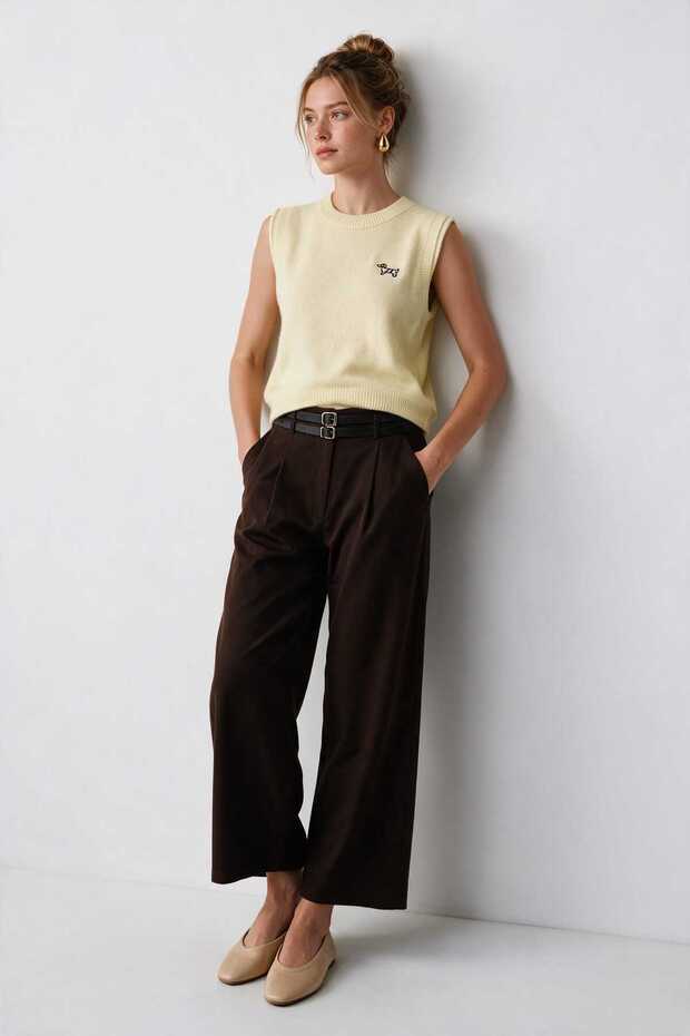 Double Belted Woven Palazzo Trousers Lby0081 Brown