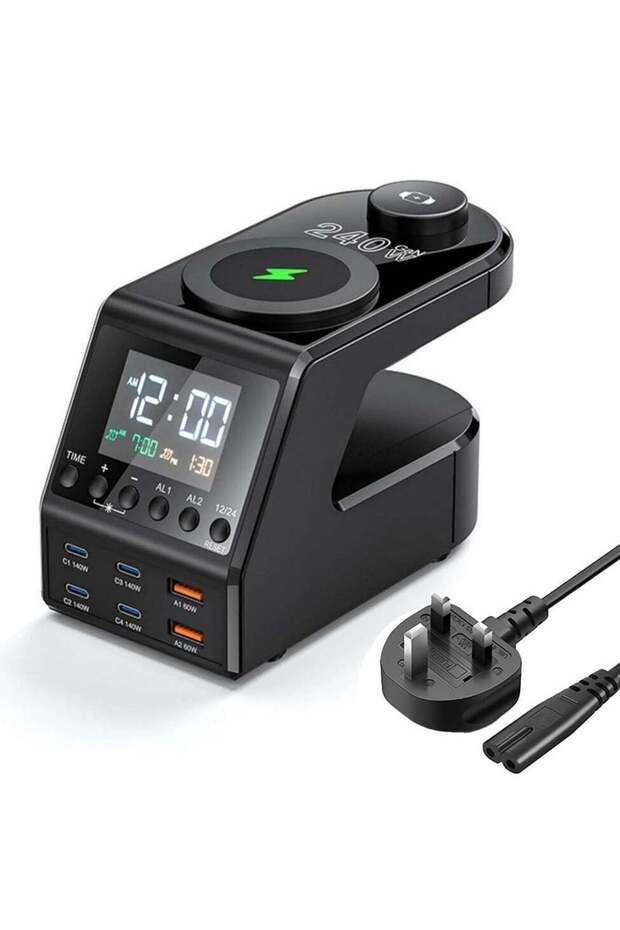 240W GaN Charger Station 10-in-1: Smart Desktop Charger with Digital Clock, Dual Alarm, 4x140W USB-C PD3.1 Fast Charging Hub for MacBook Pro, 15W Wireless Charger for iPhone 15/S24, 5W Watch