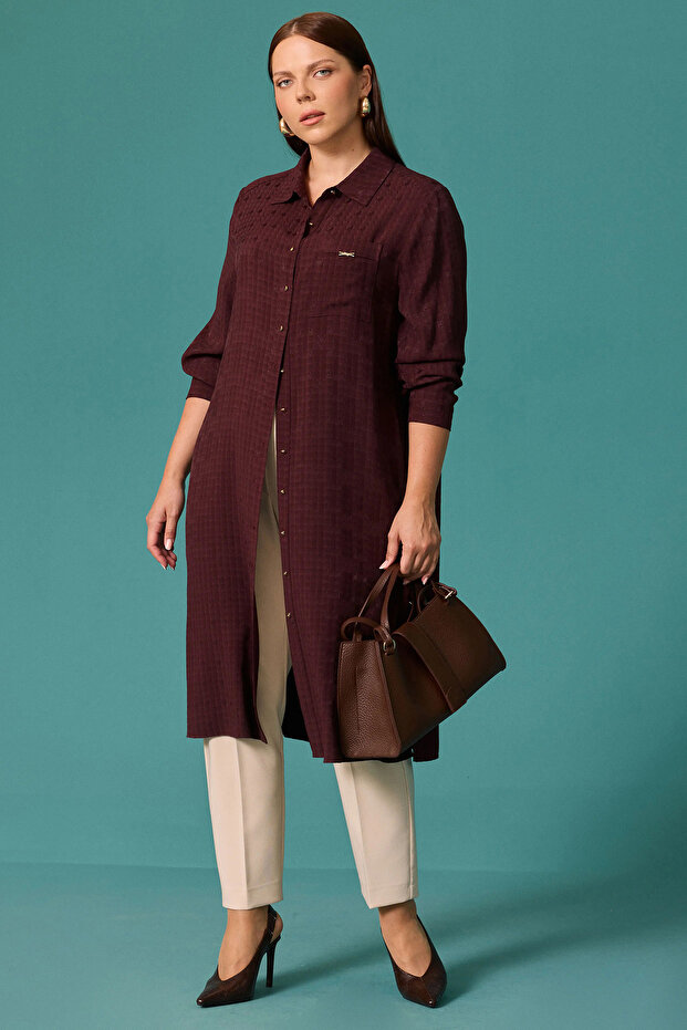 Galaxi Women's Plus Size Textured Fabric Pocketed Buttoned Tunic 4010 Claret Red