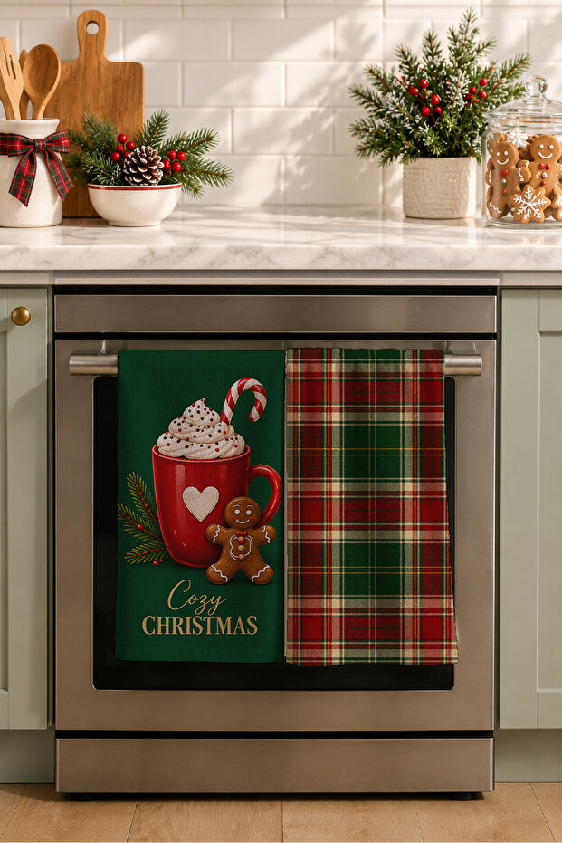 Tartan Cocoa Christmas Hot Chocolate Red Green Plaid Christmas 2-Piece Kitchen Towel Set 35X55