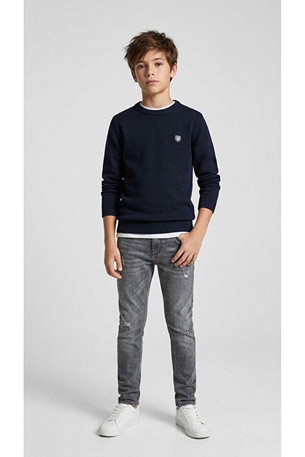 Boy's Crew Neck Sweater Navy Blue 6/14 Years