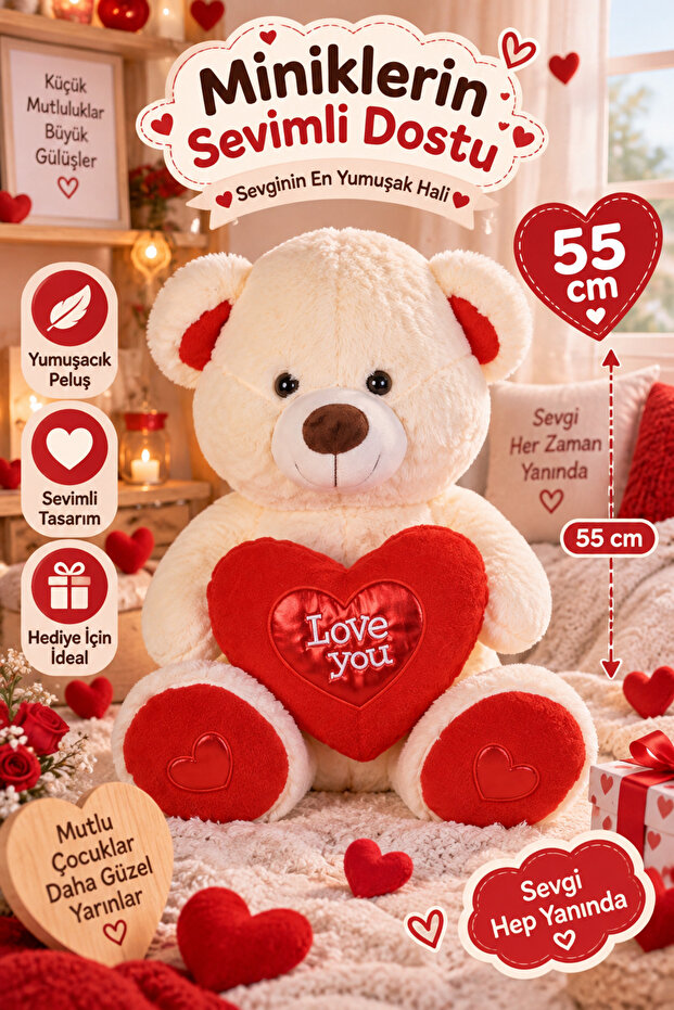 55 cm Heart Plush Bear – Cream & Red Soft Plush Toy