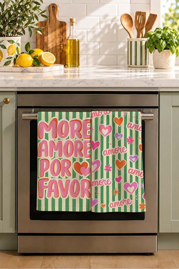 More Amore Pink Green Written Heart Patterned Retro Modern Kitchen 2-Piece Kitchen Towel Set 35X55