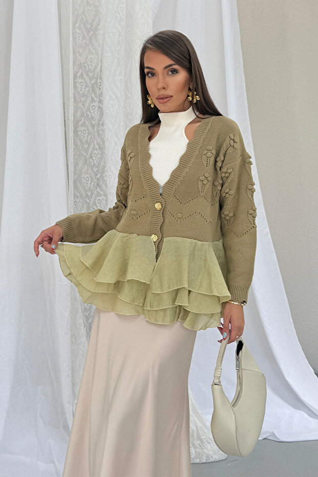 Women's Layered Chiffon Flounce Floral Embossed Gold Buttoned Knitwear Cardigan 1107 - Khaki