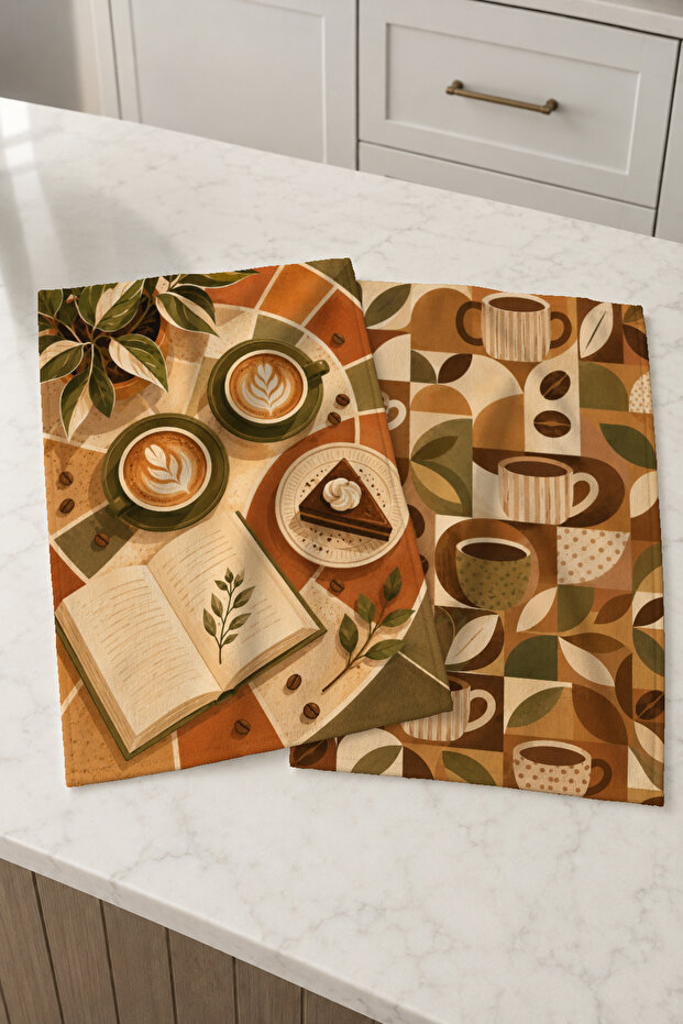 Retro Coffee Break Brown Green 2-Piece Kitchen Towel Set with Geometric Patterns 35X55