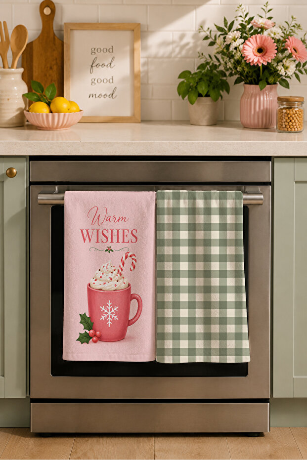 Cocoa Sage Wishes Pink Hot Chocolate and Green Plaid Christmas Patterned 2-Piece Kitchen Towel Set 35X55