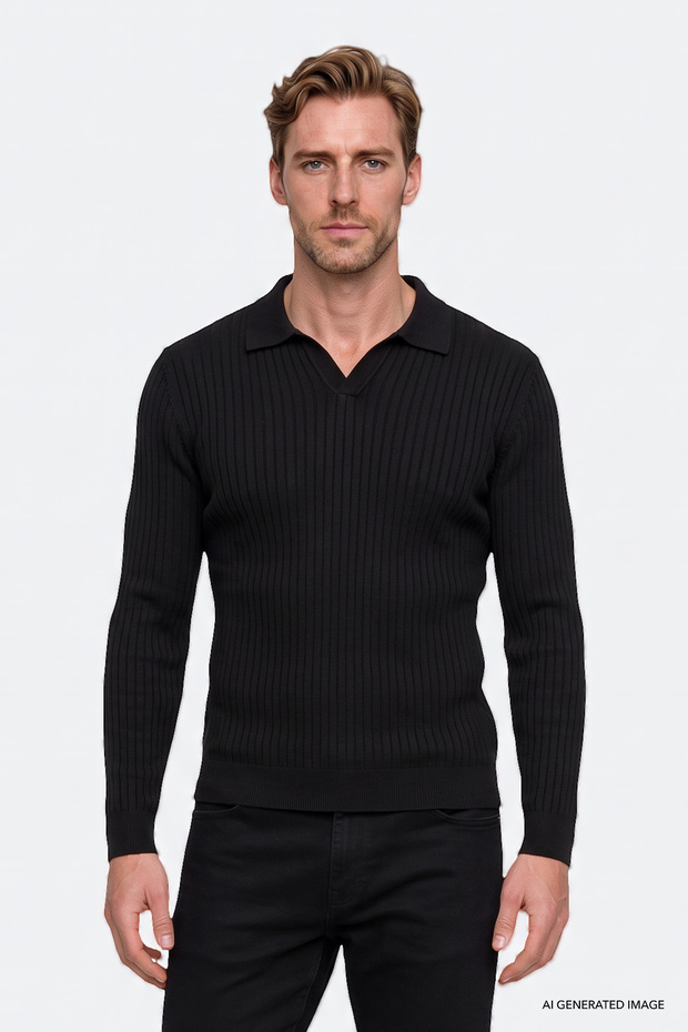 Men's Black Standard Fit Regular Cut Polo Collar Jacquard Knit Sweater