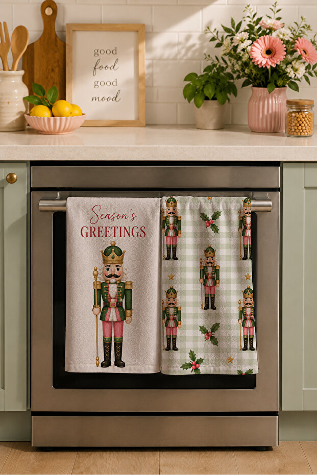 Nutcracker Sage Check Nutcracker and Sage Check Christmas Patterned 2-Piece Kitchen Towel Set 35X55
