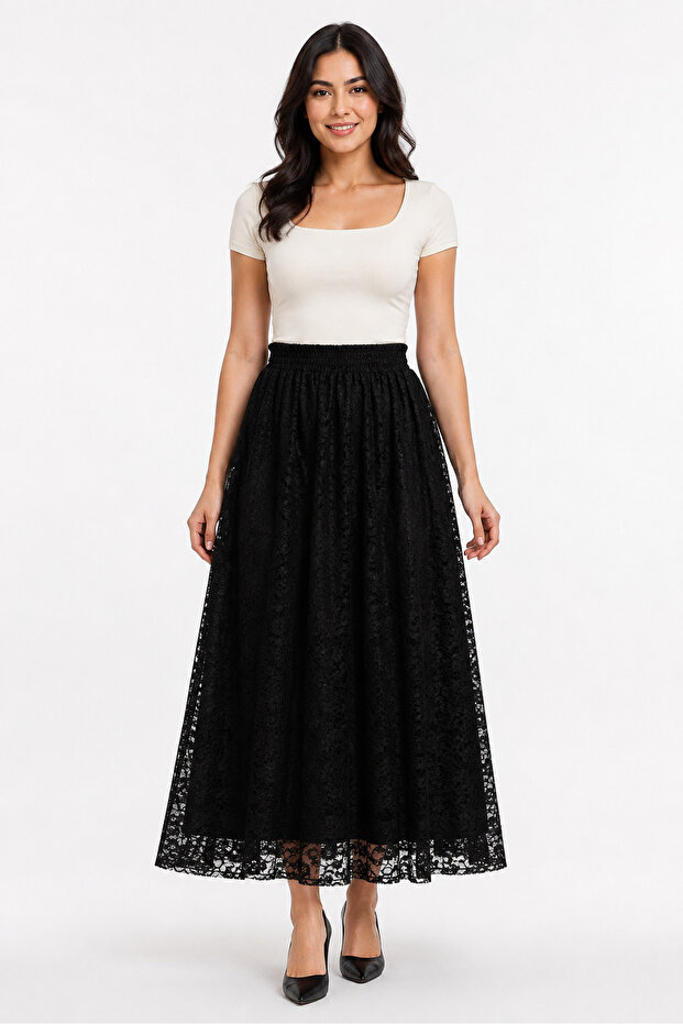 Women's Elastic Waist Lined Long Lace Skirt - Black