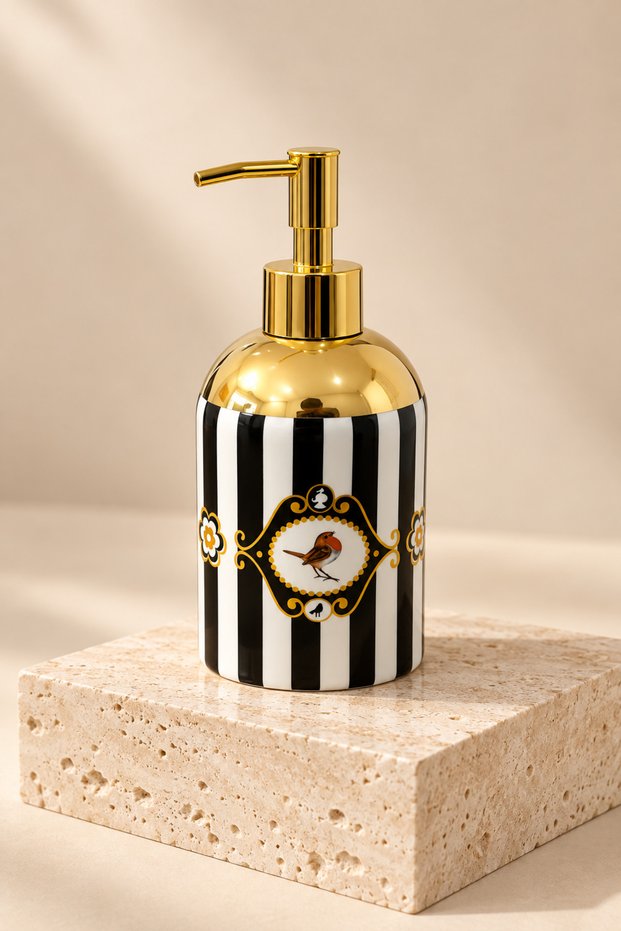 Mihrimah Love Birds Premium Porcelain Liquid Soap Dispenser – 400 Ml, Black-White Decorative Soap Dispenser with Gold Color Pump, Bird Motif