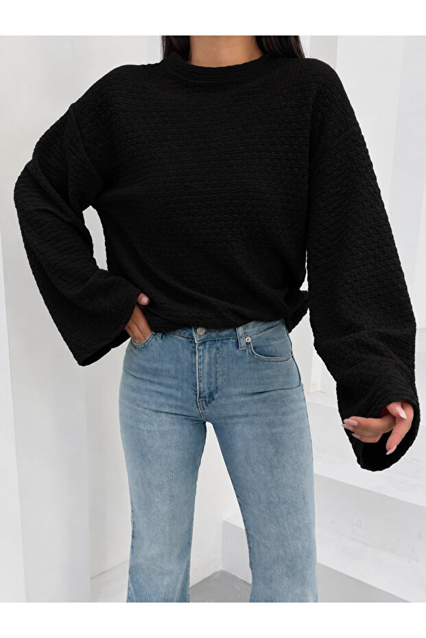 Women's Black Seersucker Textured Wide Sleeve Blouse Frv0230