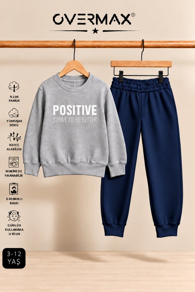 Positive Printed Children's Hoodless Sweatshirt and Sweatpants Set – Ages 3-12