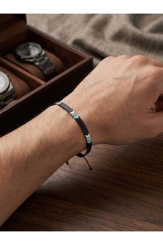 Men's Black Silver Turquoise Detailed Macrame Elevator Bracelet