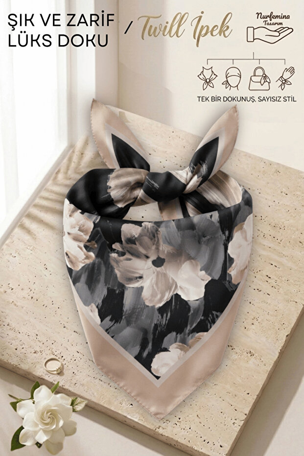 Black Beige Artistic Brush Pattern - Twill Silk Texture - Multi-Purpose Square Bandana Scarf 50X50